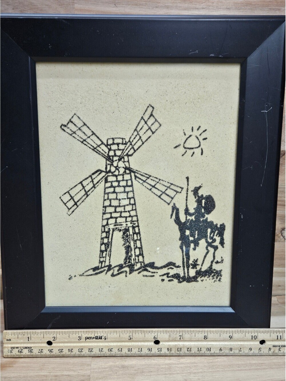 Vintage Framed Don Quixote and Windmill Textured Sand Art Picture Wall Decor